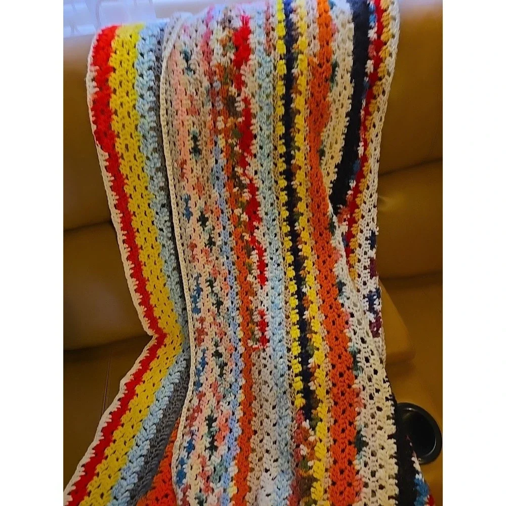 Vtg Crochet Blanket Throw Handmade Granny Stripe Multicolor Boho 56x47 Afghan